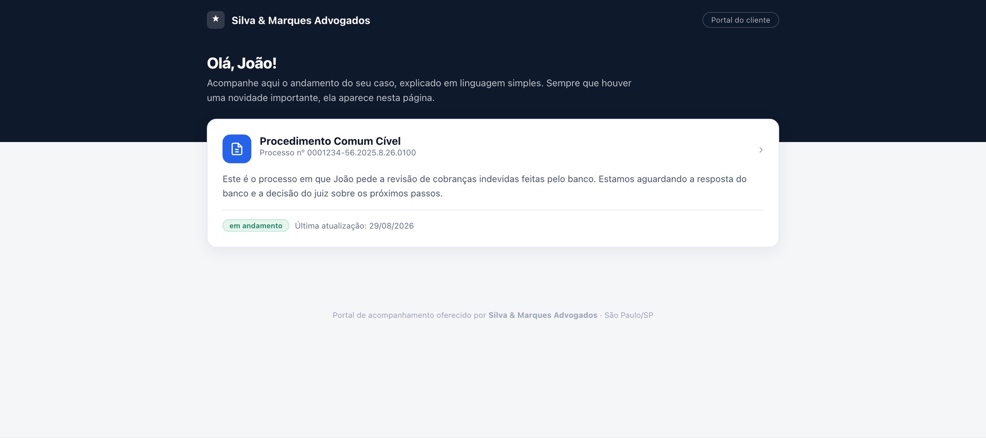 Portal do cliente white-label com andamento do processo explicado em linguagem simples